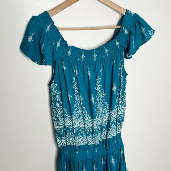 Jaase Womens Mini Dress Medium Teal Blue Tasseled Hem Ruffle Western Bohemian - Picture 7 of 11